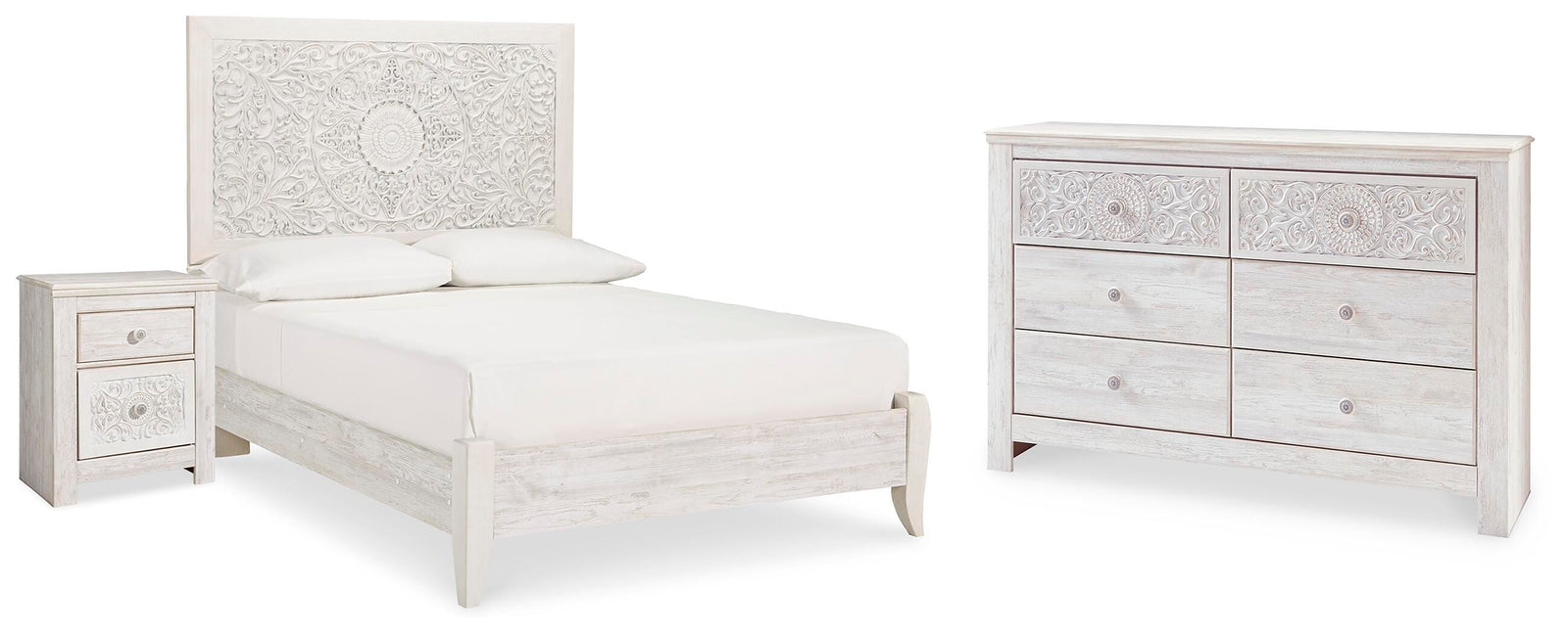 Paxberry Panel Bed, Dresser and Nightstand - Whitewash  (B181-SI)