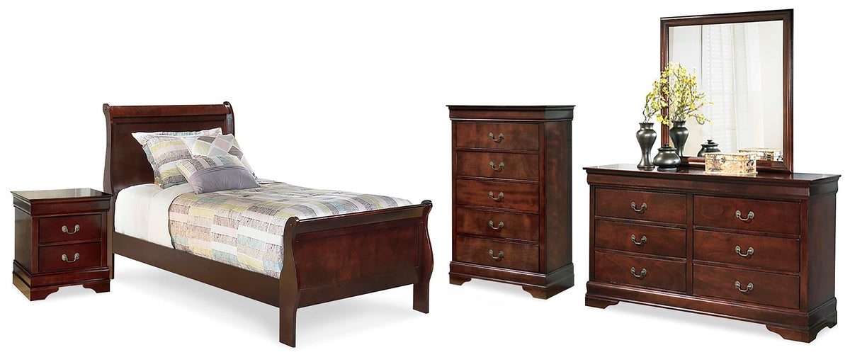 Alisdair Sleigh Bed, Dresser, Mirror, Chest and Nightstand - Reddish Brown  (B376-SI)