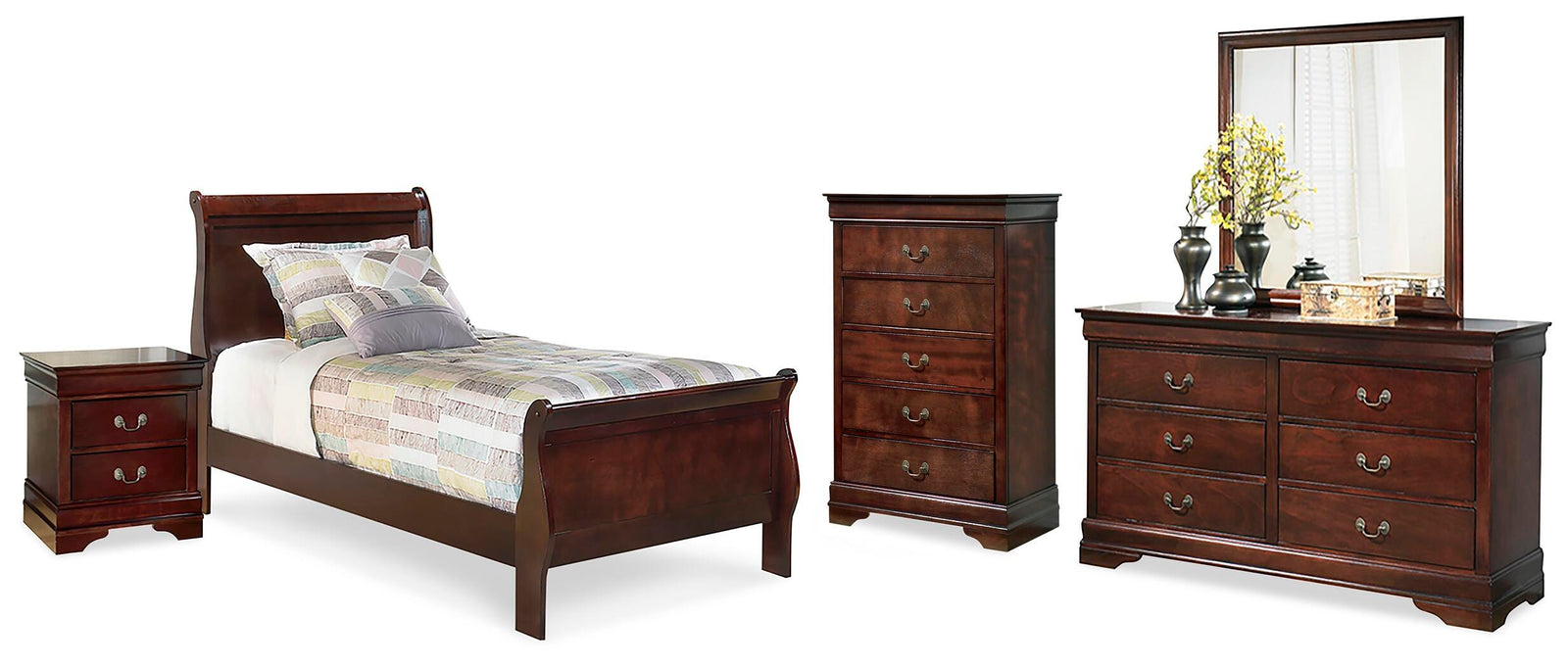 Alisdair Sleigh Bed, Dresser, Mirror, Chest and Nightstand - Reddish Brown  (B376-SI)