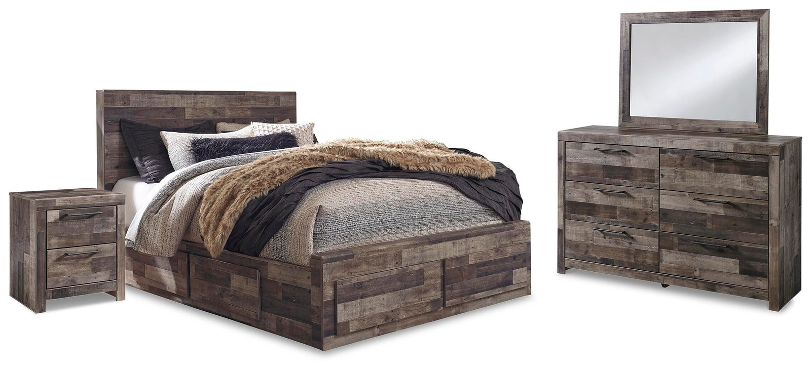 Derekson Panel Storage Bed, Dresser, Mirror and 2 Nightstands - Multi Gray  (B200-SI)