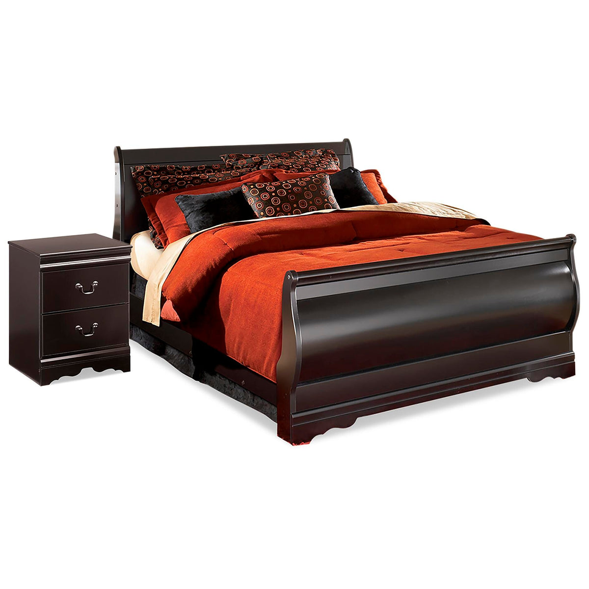 Huey Vineyard Sleigh Bed and Nightstand - Black  (B128-SI)