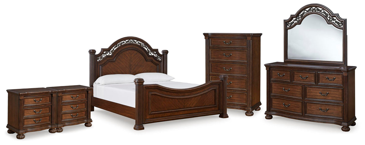 Lavinton Poster Bed, Dresser, Mirror, Chest and 2 Nightstands - Brown  (B764-SI)