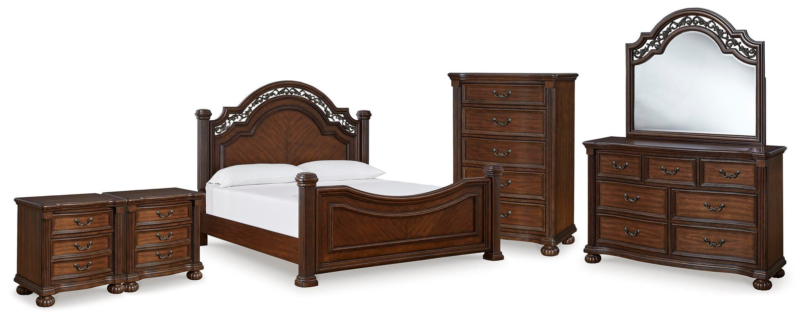 Lavinton Poster Bed, Dresser, Mirror, Chest and 2 Nightstands - Brown  (B764-SI)