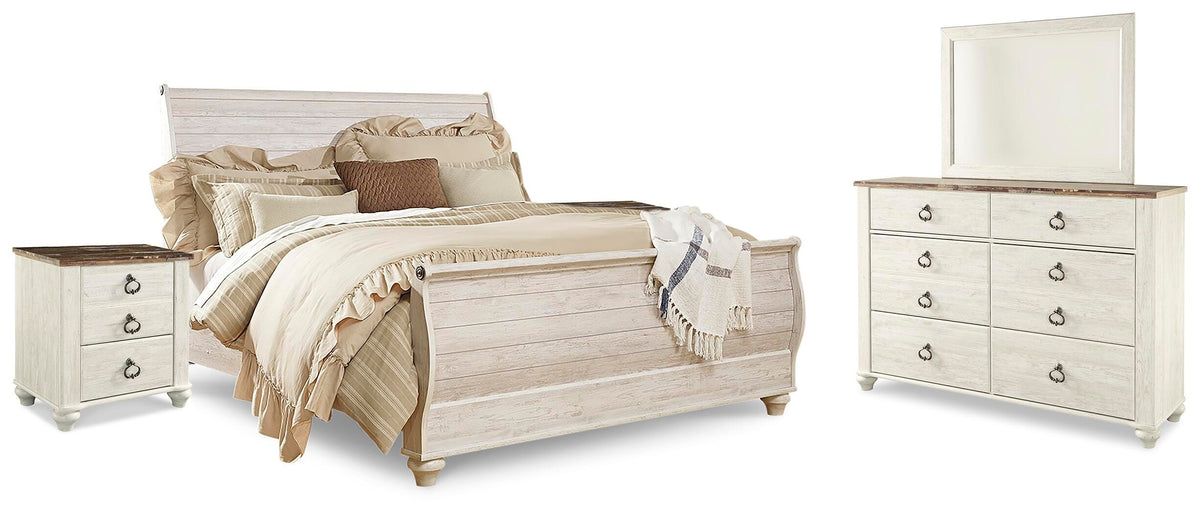 Willowton Sleigh Bed, Dresser, Mirror and 2 Nightstands - Whitewash  (B267-SI)