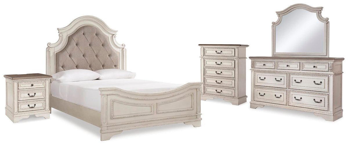 Realyn Upholstered Panel Bed, Dresser, Mirror, Chest and Nightstand - Two-tone  (B743-SI)