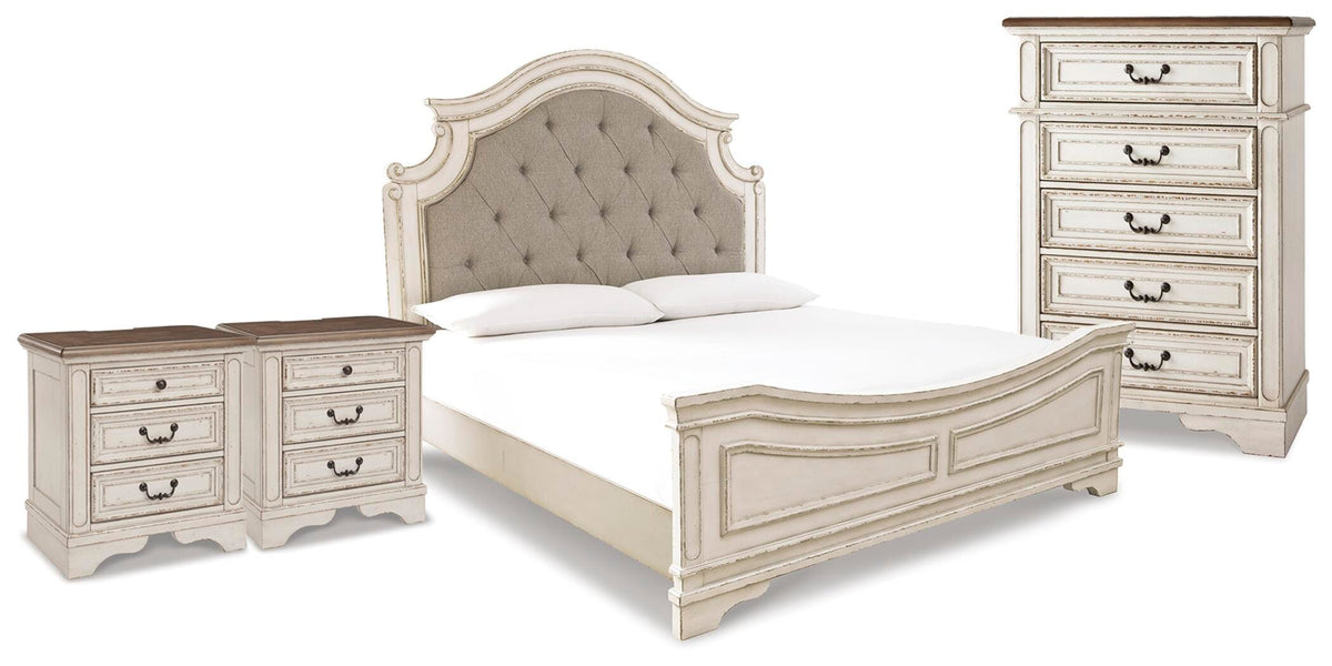 Realyn Upholstered Panel Bed, Chest and 2 Nightstands (B743-SI)