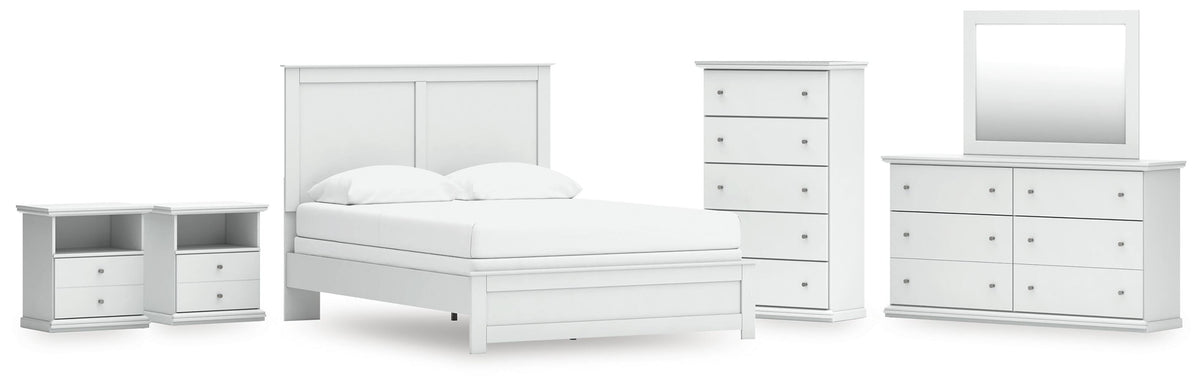 Bostwick Shoals Panel Bed with Mirrored Dresser, Chest and 2 Nightstands - White  (B139-SI)