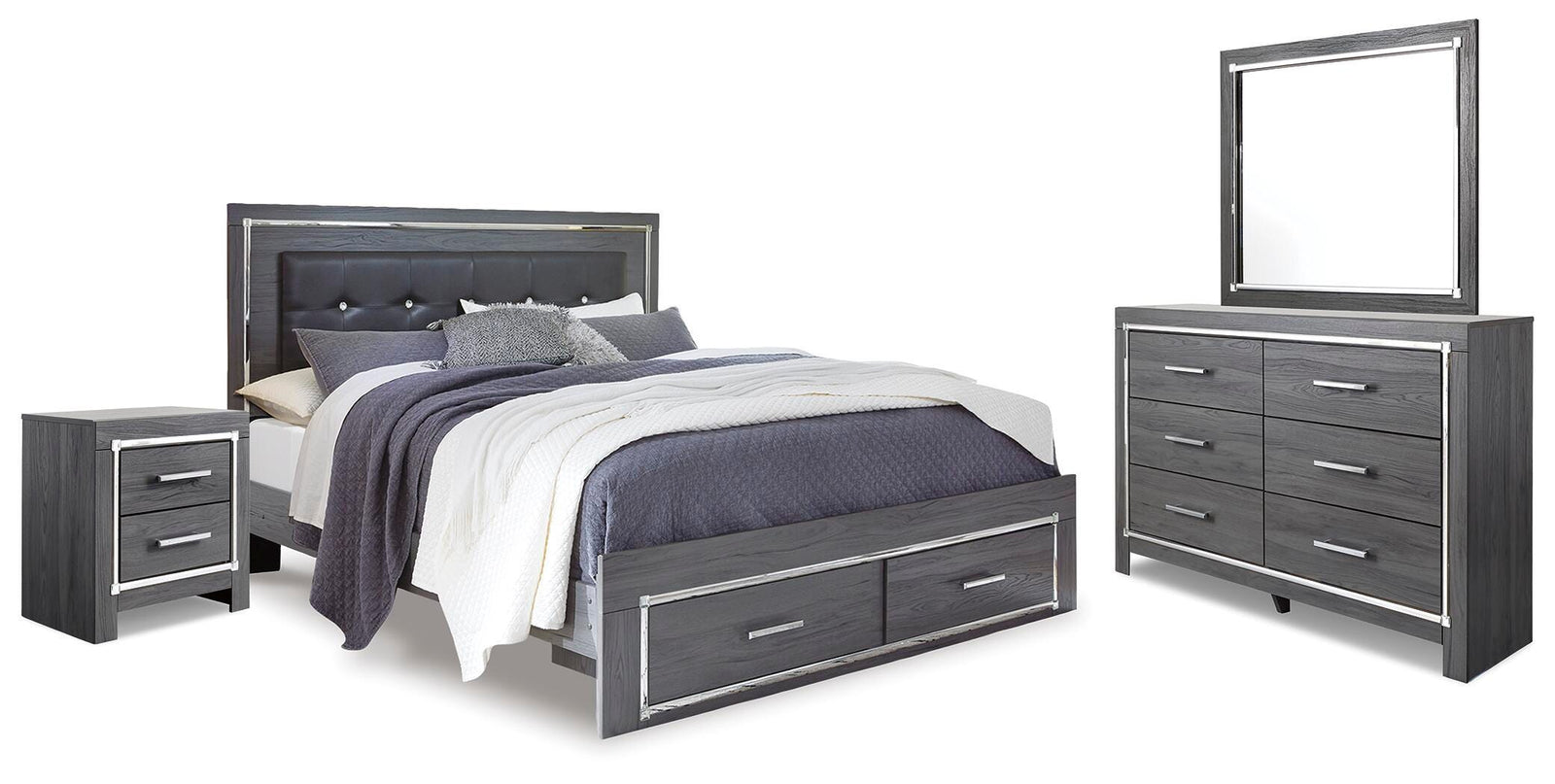 Lodanna Panel Storage Bed with Mirrored Dresser and Nightstand - Gray  (B214-SI)