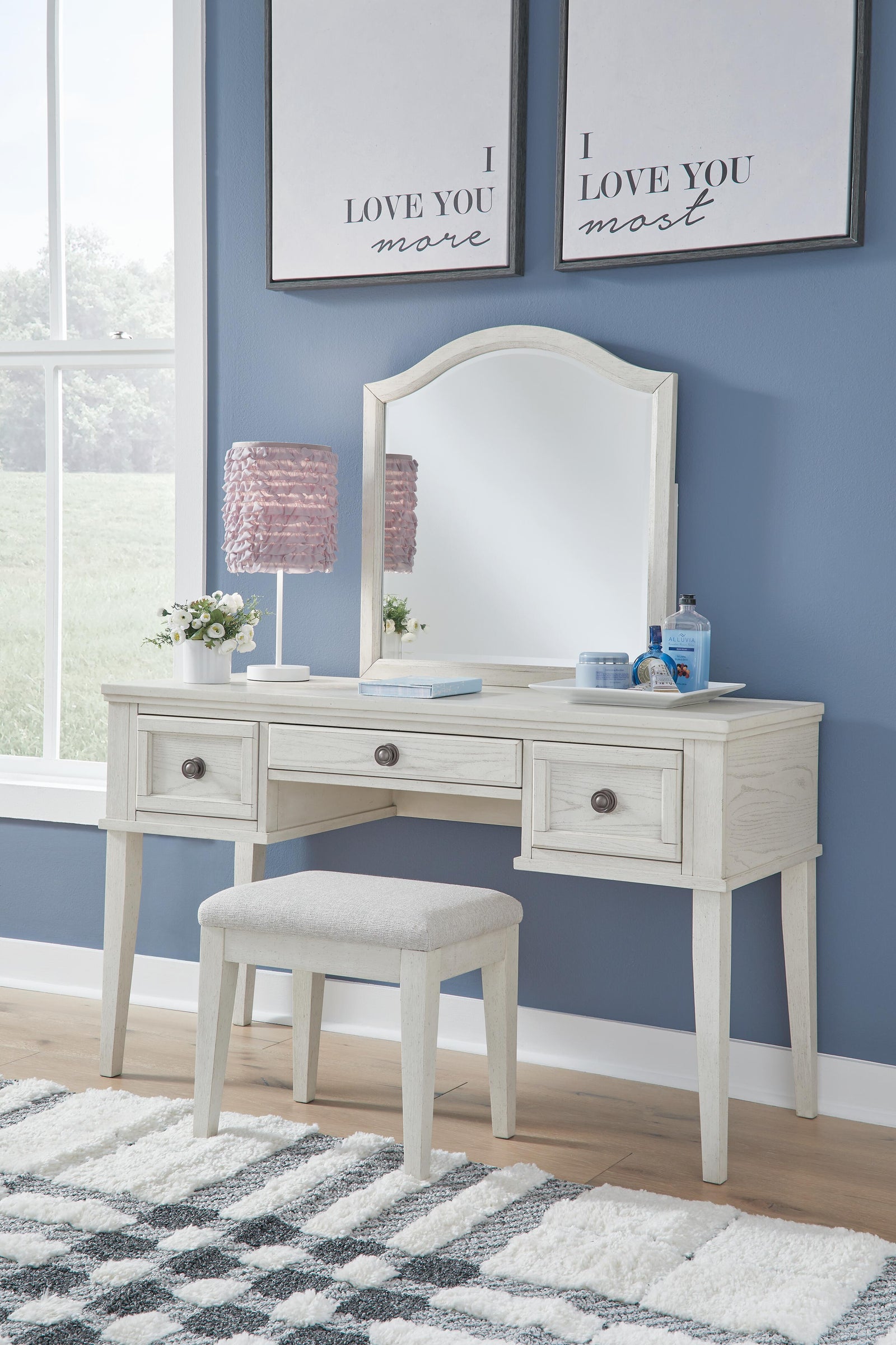 Robbinsdale Mirrored Vanity with Bench - Antique White  (B742-SI)
