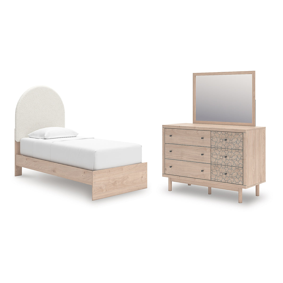 Arloster Twin Upholstered Panel Bed, Dresser and Mirror (PCB1566-SI)