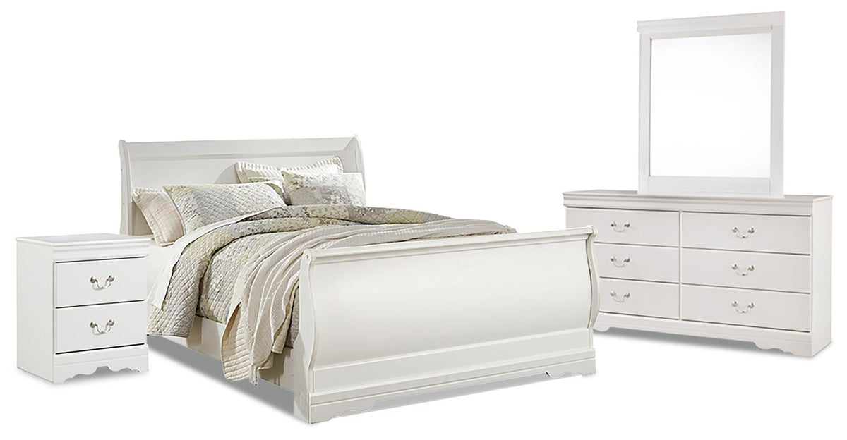 Anarasia Sleigh Bed, Dresser, Mirror and Nightstand - White  (B129-SI)
