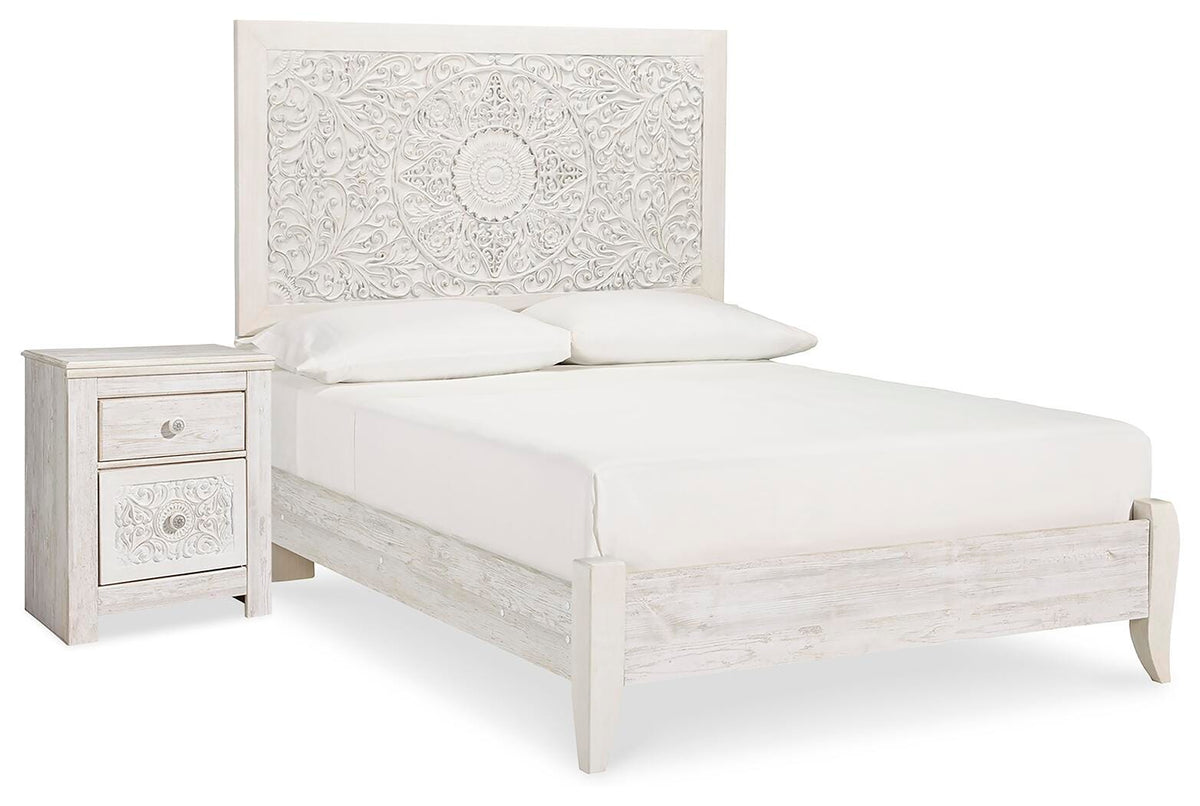 Paxberry Panel Bed and Nightstand - Whitewash  (B181-SI)