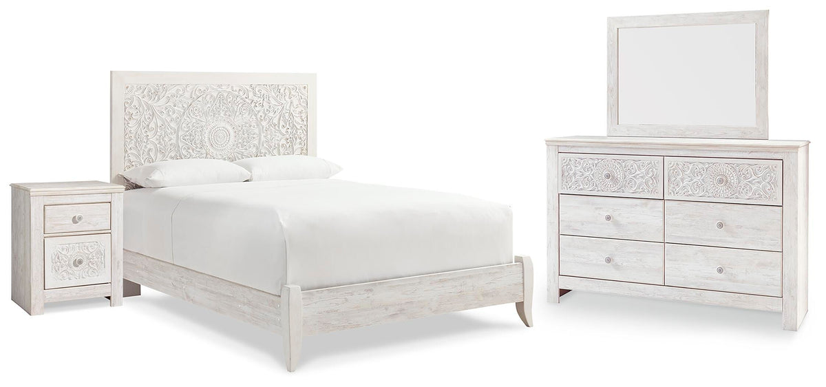 Paxberry Panel Bed, Dresser, Mirror and Nightstand - Whitewash  (B181-SI)