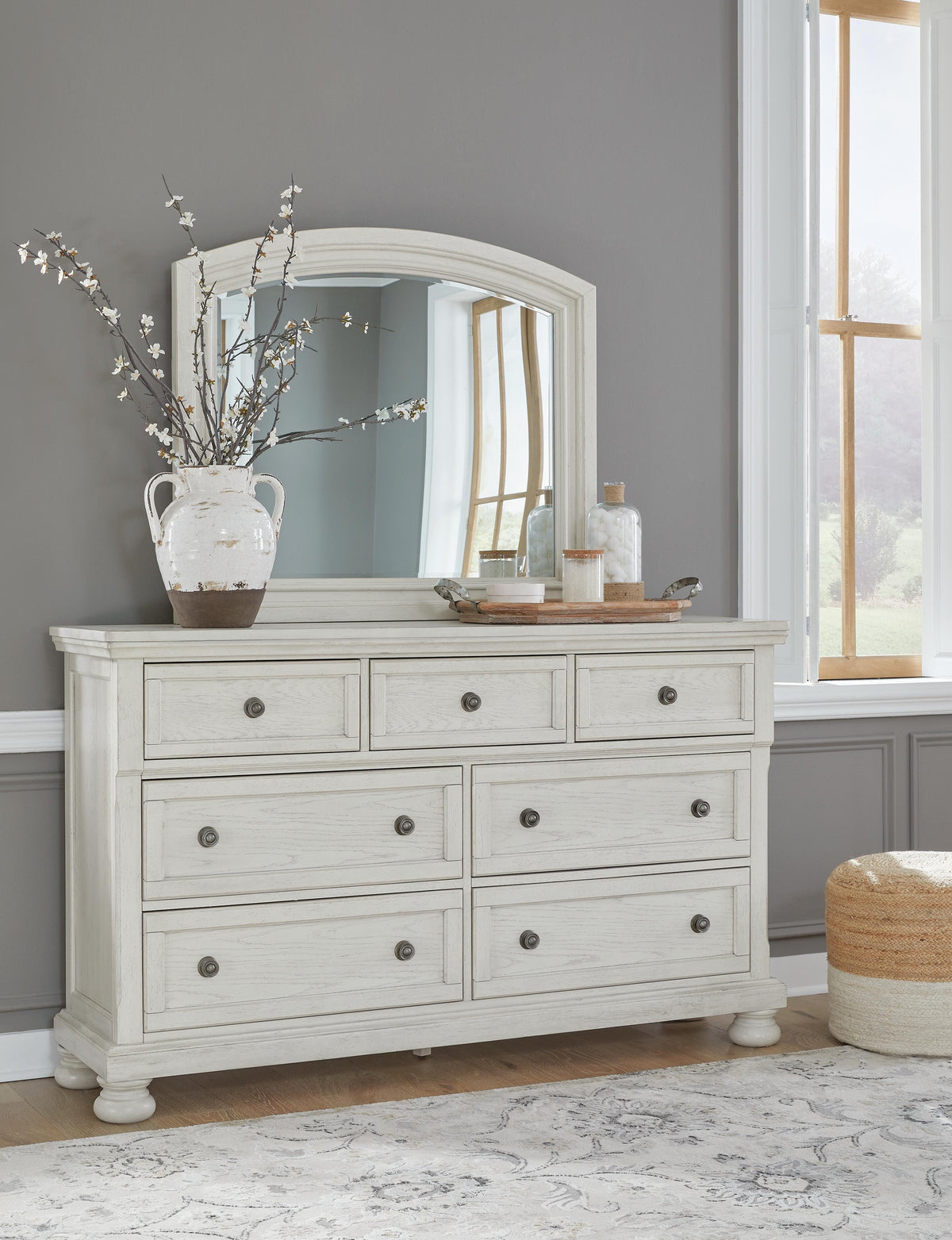 Robbinsdale Panel Bed, Dresser, Mirror and Nightstand - Antique White  (B742-SI) - Image 8
