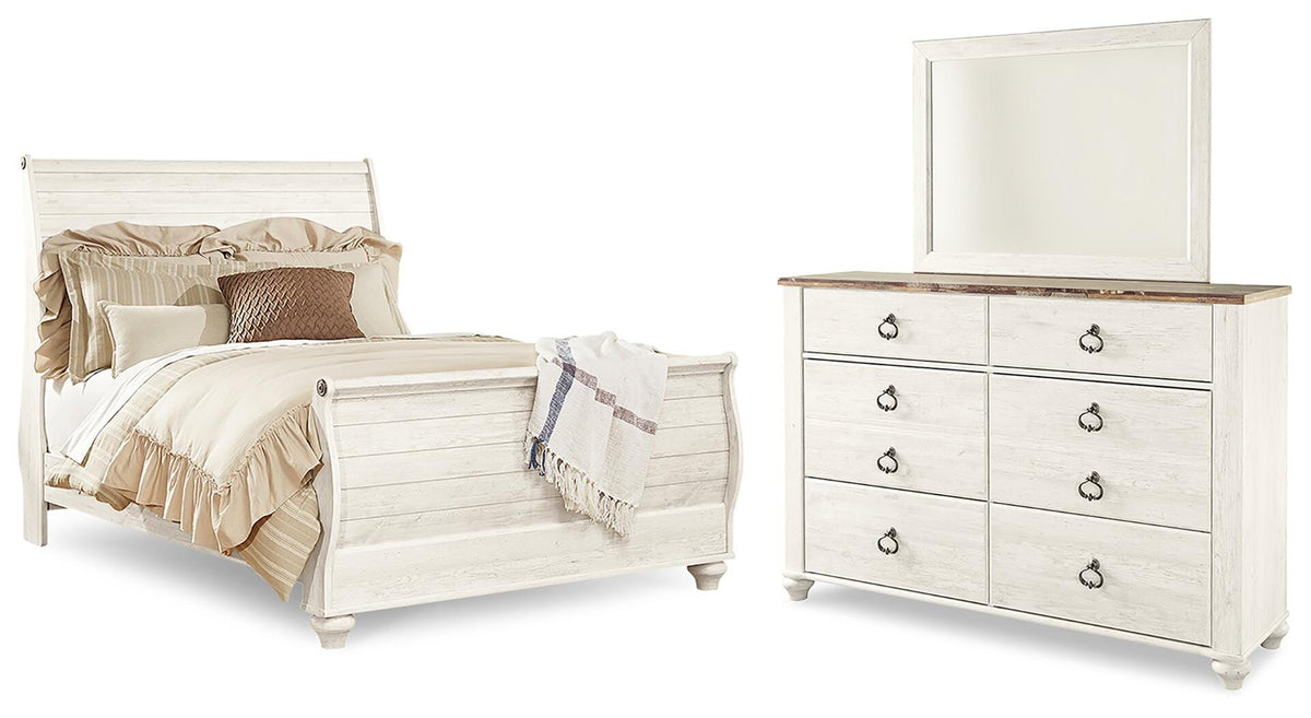 Willowton Sleigh Bed, Dresser and Mirror - Whitewash  (B267-SI)