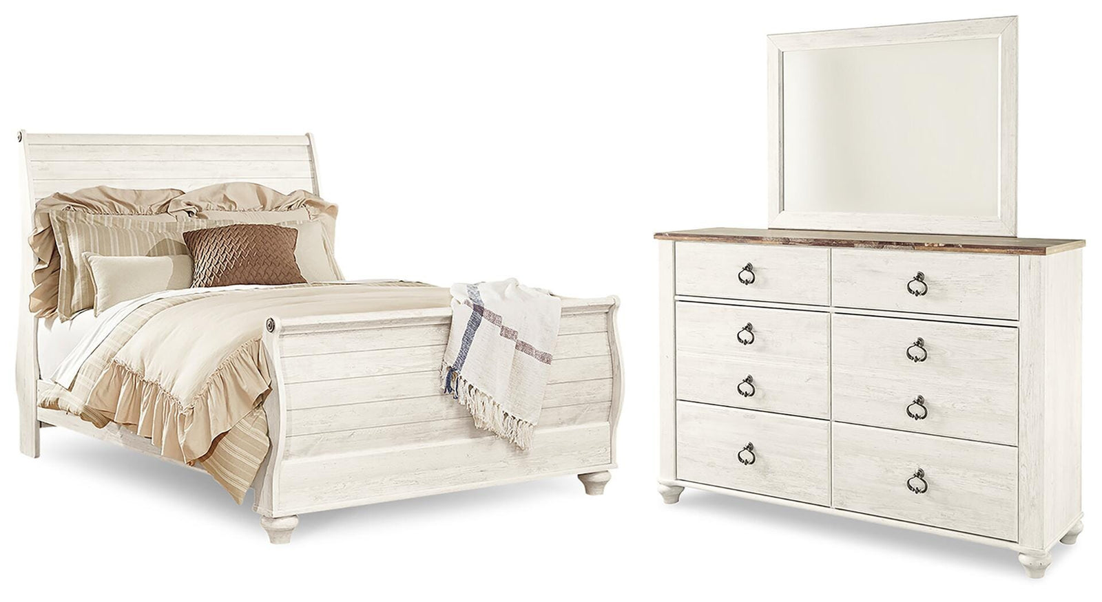 Willowton Sleigh Bed, Dresser and Mirror - Whitewash  (B267-SI)