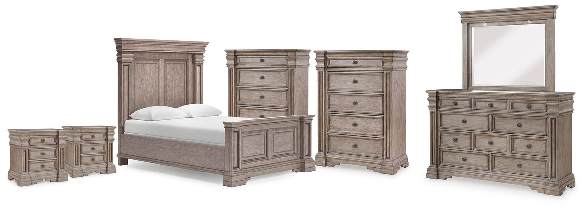 Blairhurst Panel Bed. Dresser, Mirror, 2 Chests and 2 Nightstands (B916-SI)