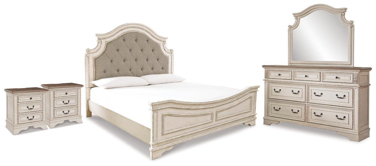 Realyn Panel Bed, Dresser, Mirror and 2 Nightstands - Two-tone  (B743-SI)