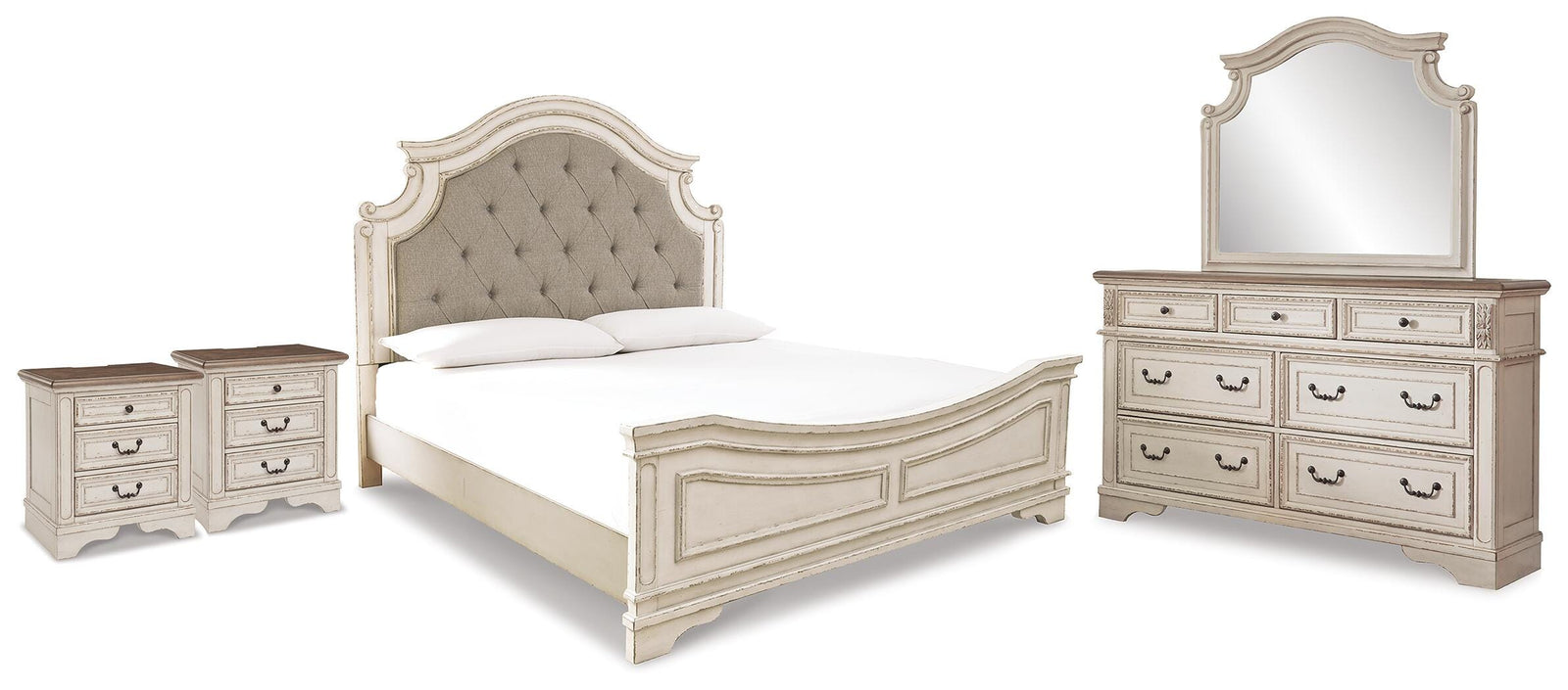 Realyn Panel Bed, Dresser, Mirror and 2 Nightstands - Two-tone  (B743-SI)