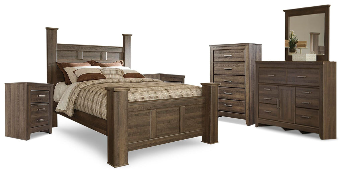Juararo Poster Bed, Dresser, Mirror, Chest and 2 Nightstands - Dark Brown  (B251-SI)