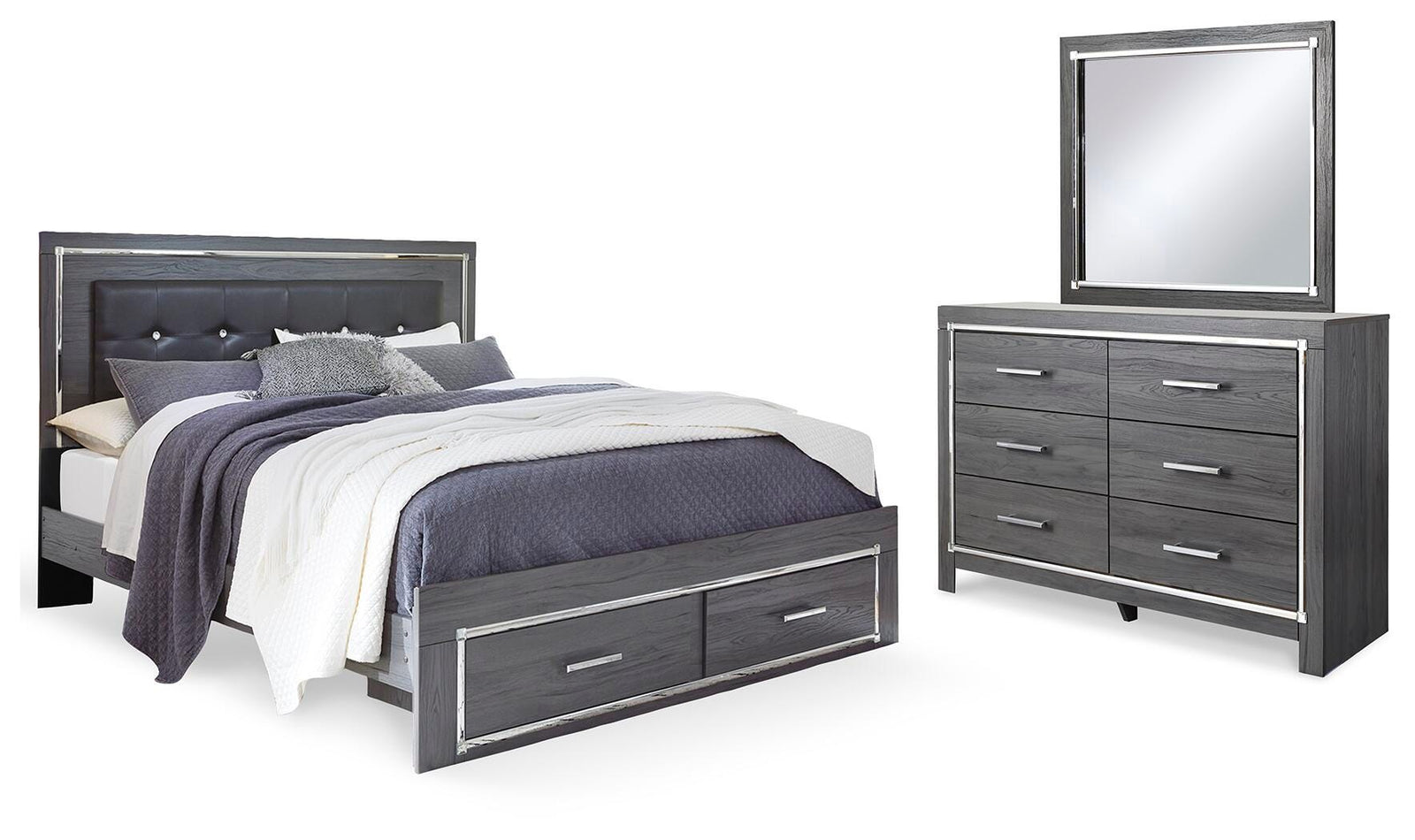 Lodanna Upholstered Storage Bed, Dresser and Mirror - Gray  (B214-SI)