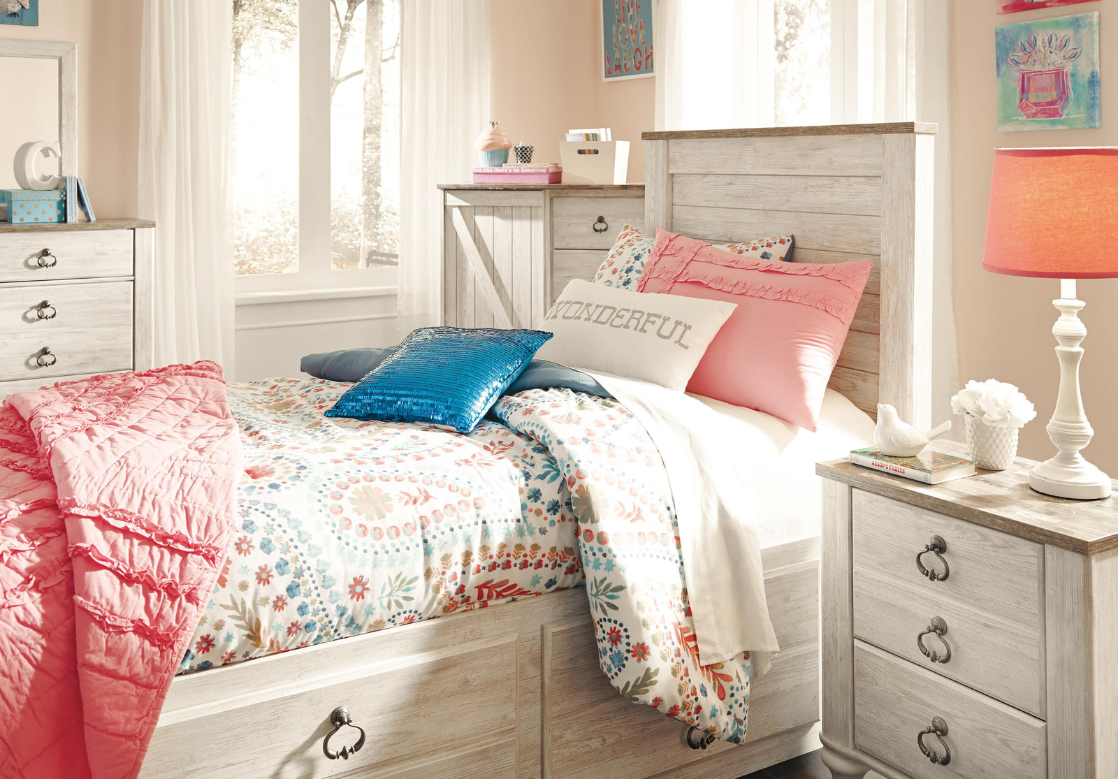 Willowton Panel Bed with 2 Storage Drawers (Youth) - Whitewash  (B267-SI) - Image 5