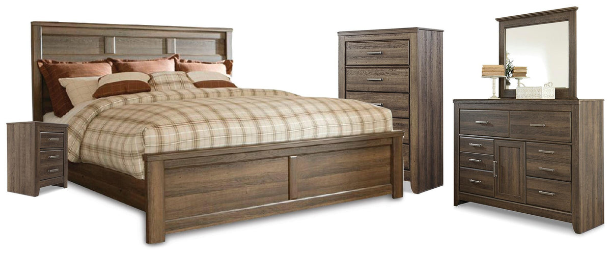 Juararo Panel Bed, Dresser, Mirror, Chest and Nightstand - Dark Brown  (B251-SI)